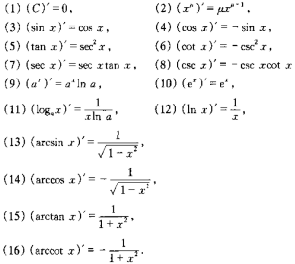 同濟版16個基本導數公式